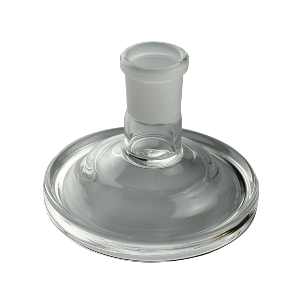 This is the Glass Desktop Stand from Ritual Glass available at Ritual Colorado. It features a female connection in either 14mm or 19mm for easy desktop storage of your quartz bangers, ball vape bowls, pass-through adapters and everything else with stand size connections.