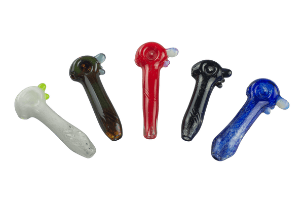 These are heady spoon pipes from Hornsilver Glass available at Ritual Colorado. Featuring vibrant glass colors, three carved notches on the body and accent colors on the bowl these are incredible hand blown artwork at a great price.
