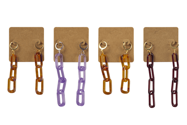 These are Glass Chain Earrings by Technicolor Tony available at Handmade Glass Co. Made locally in Denver, Colorado these vibrant jewelry pieces feature links of glass dangling from leverback earring hooks.