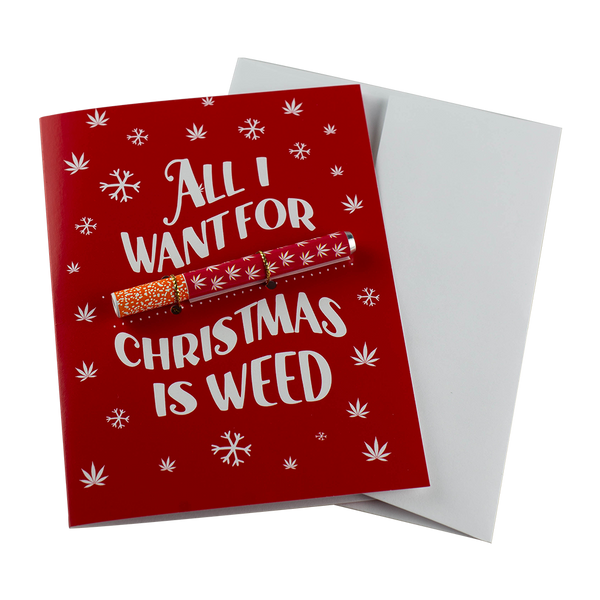 The "All I Want For Christmas Is Weed" Greeting Card by KushKards with matching metal One Hitter available at Ritual Colorado. A fun weed-themed Christmas card for the stoner in your life.