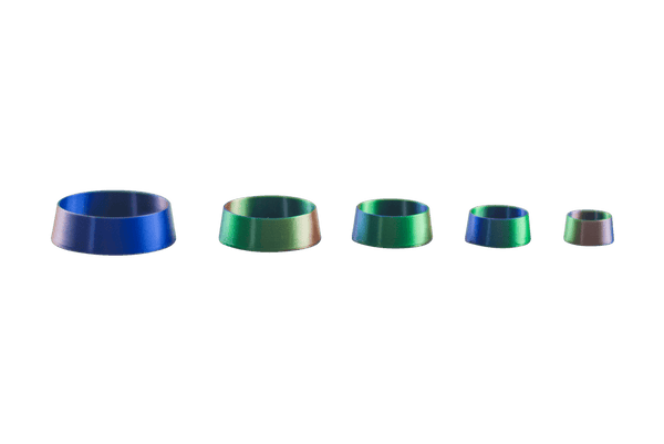 This is the Rainbow Nesting Marble Stand Set by Orbital Glass available at Ritual Colorado. A fun 3D printed set of marble stands that conveniently stack inside each other for simple storage.