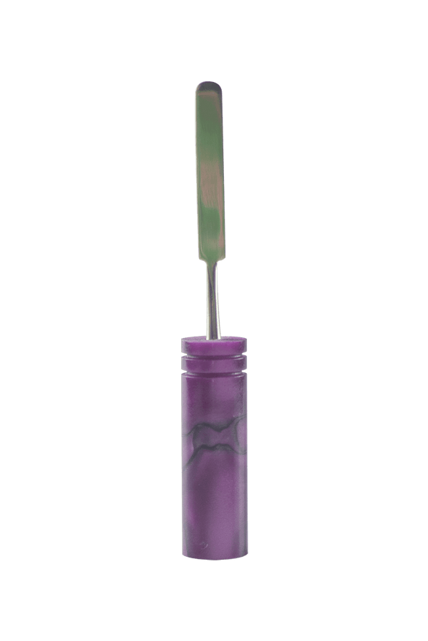This is the Amethyst Bliss dab tool from Hash Handlez available at Ritual Colorado. These beautiful handmade dab tools include a protective carrying case for easy portability.