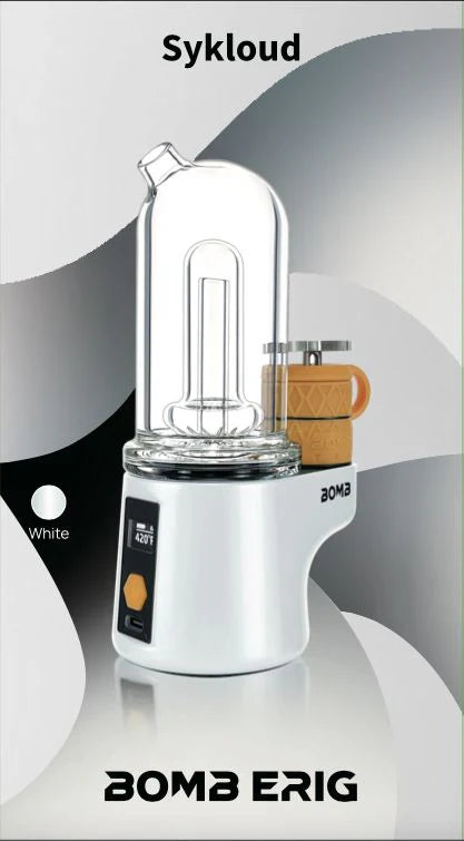 This is the White BOMB ERIG Sykloud digital dab device available at Ritual Colorado. Featuring a massive 360 heating chamber, fidget spinner cap and Puffco Peak compatible glass this is an awesome eRig at a great price.