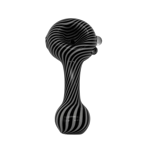 These are Black & White Swirl Spoon Pipes by Technicolor Tony available at Ritual Colorado. These handmade glass hand pipes feature intricate swirling black & white patterns for a stylish everyday option.