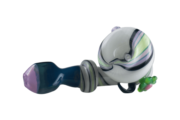 This is the White Swirl Sherlock Hand Pipe from Technicolor Tonys available at Ritual Colorado. This beautiful glass features a carb on the left side of the bowl and a flower and leaf accent on the right.