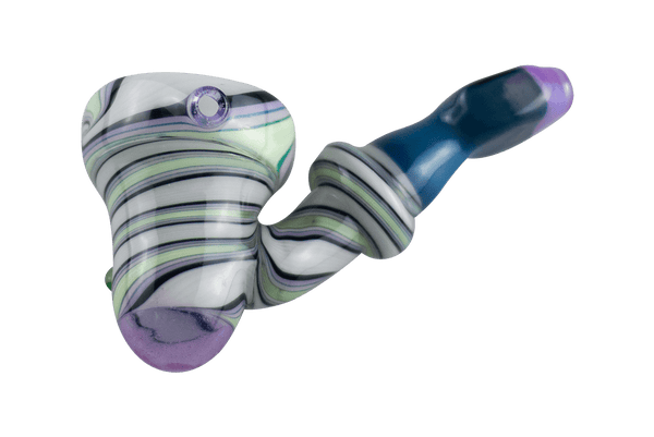 This is the White Swirl Sherlock Hand Pipe from Technicolor Tonys available at Ritual Colorado. This beautiful glass features a carb on the left side of the bowl and a flower and leaf accent on the right.