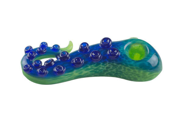 This is the Blue Tentacle Spoon Pipe from Burtoni Glass available at Ritual Colorado. These beautiful ocean-inspired pipes feature stunning color and a fun tentacle design in a great hand blown piece of glass.