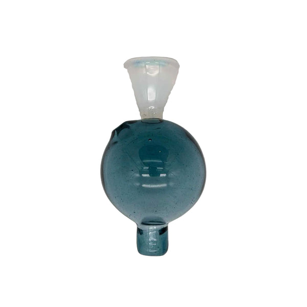 This is the Blue Heady Hollow Bubble Cap by Biting Glass available at Ritual Colorado. Featuring a solid handle accented by a hollow bubble for precise airflow in your banger.