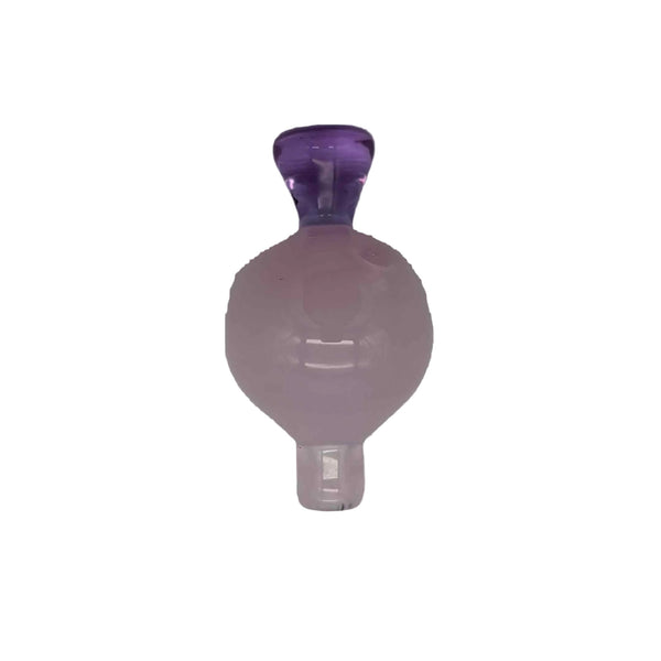 This is the Pink Heady Hollow Bubble Cap by Biting Glass available at Ritual Colorado. Featuring a solid handle accented by a hollow bubble for precise airflow in your banger.
