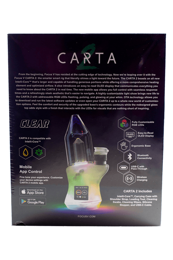 This is the Carta 2 from Focus V in clear available at Ritual Colorado. This smart e-rig offers fully customizable RGB LEDs, an easy-to-read OLED display, bluetooth connectivity and lots of other features. Most importantly, it offer open airflow for large and powerful dabs.