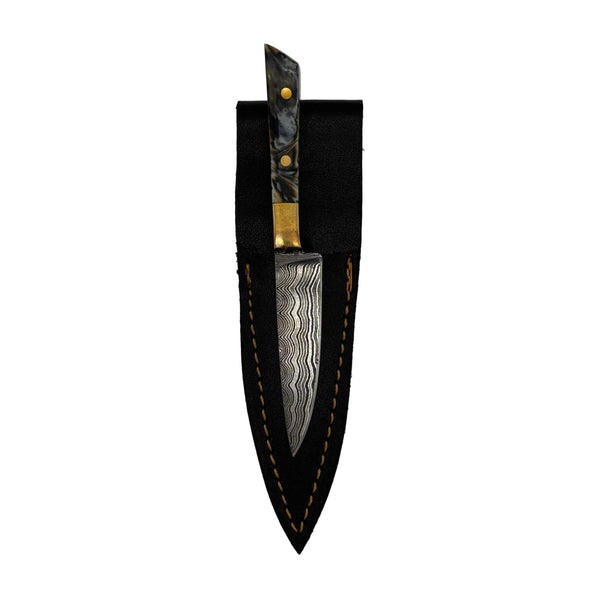 This is the Yellow Tiger Chef's Knife Dab Tool from Dabmascus available at Ritual Colorado. It features a two-pin handle and high-quality Damascus Steel blade for a truly unique and special dab tool made here in the U.S.