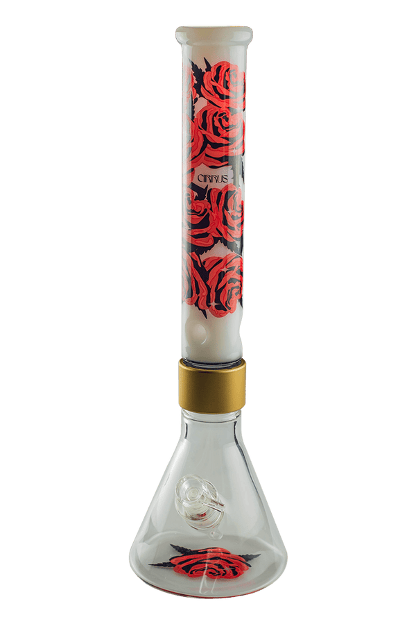 This is the Cirrus Bouquet Bong from Cirrus Seshware available at Ritual Colorado. The tall beaker-style bong features unscrewable upper and lower pieces held together by a beautiful gold collar. The rose details on the neck and base add style to this one-of-a-kind limited edition bong.