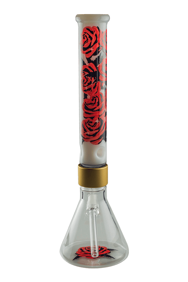 This is the Cirrus Bouquet Bong from Cirrus Seshware available at Ritual Colorado. The tall beaker-style bong features unscrewable upper and lower pieces held together by a beautiful gold collar. The rose details on the neck and base add style to this one-of-a-kind limited edition bong.