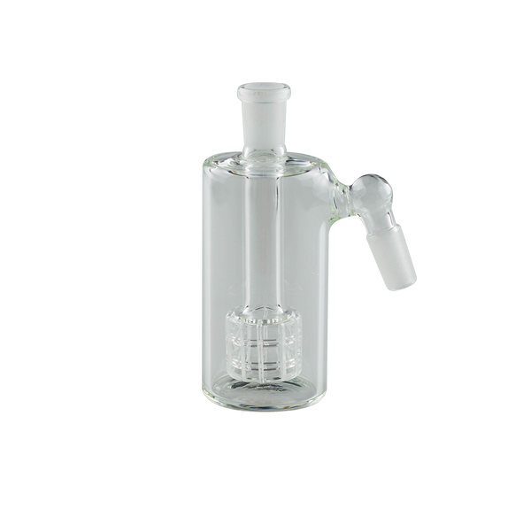 This is the Cash Catcher Ash Catcher from Ritual Glass available at Ritual Colorado. It features a male and female connection (14mm or 19mm) as well as a showerhead perc for filtration. Use with water as a bubbler or as a dry herb catcher to keep your glass clean.