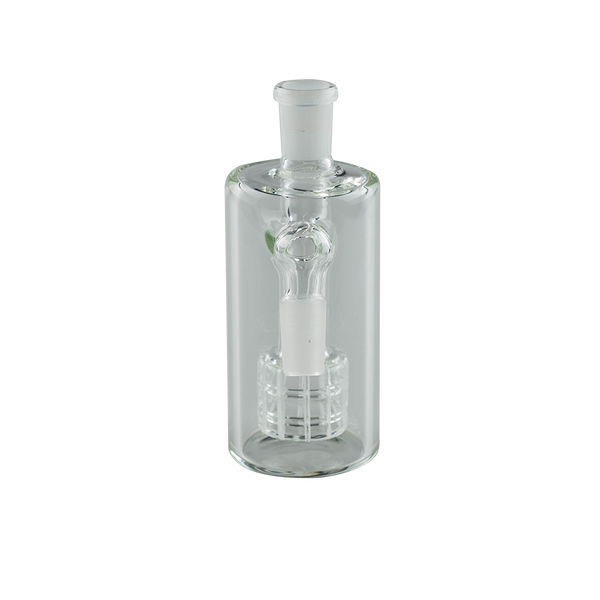 This is the Cash Catcher Ash Catcher from Ritual Glass available at Ritual Colorado. It features a male and female connection (14mm or 19mm) as well as a showerhead perc for filtration. Use with water as a bubbler or as a dry herb catcher to keep your glass clean.