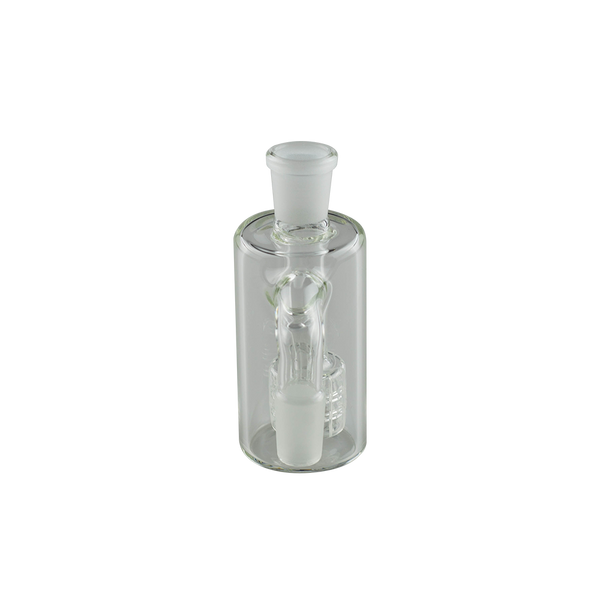 This is the Cash Catcher Ash Catcher from Ritual Glass available at Ritual Colorado. It features a male and female connection (14mm or 19mm) as well as a showerhead perc for filtration. Use with water as a bubbler or as a dry herb catcher to keep your glass clean.