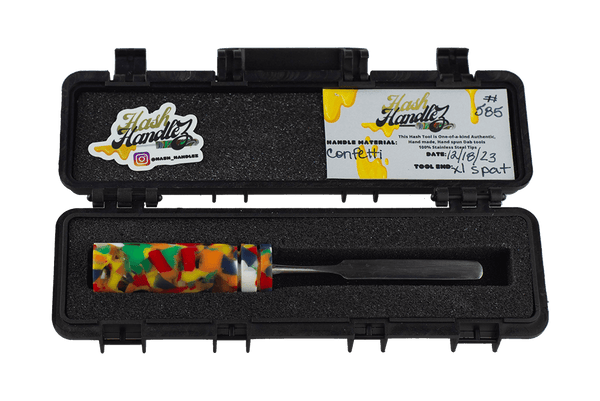 This is the Confetti dab tool from Hash Handlez available at Ritual Colorado. Each includes a beautiful resin dab tool, protective hard case, and a hand-written card. Check out these locally Denver-made dabber tools today!
