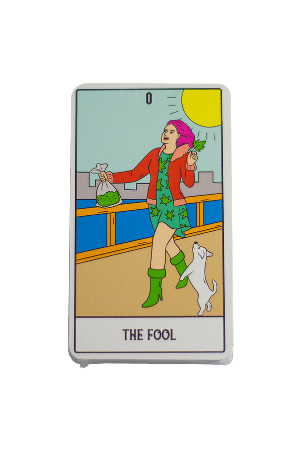 This is the Tarojuana Deck from Tarojuana available at Ritual Colorado. Each pack includes a 78-Card cannabis friendly tarot deck with a guidebook and corduroy stash bag as well as a Tarojuana matchbook.