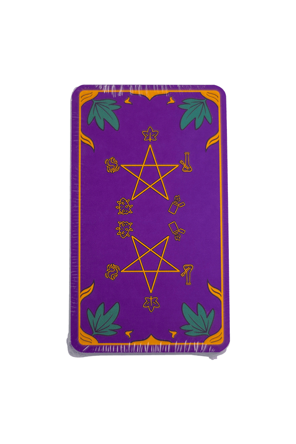 This is the Tarojuana Deck from Tarojuana available at Ritual Colorado. Each pack includes a 78-Card cannabis friendly tarot deck with a guidebook and corduroy stash bag as well as a Tarojuana matchbook.