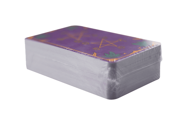 This is the Tarojuana Deck from Tarojuana available at Ritual Colorado. Each pack includes a 78-Card cannabis friendly tarot deck with a guidebook and corduroy stash bag as well as a Tarojuana matchbook.