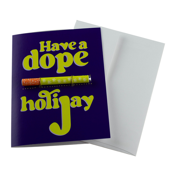 The "Have A Dope Holijay" Greeting Card by KushKards with matching metal One Hitter available at Ritual Colorado. A fun cannabis-themed way to celebrate the holidays and fun gift for the stoner in your life.