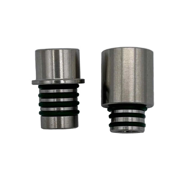 These are Dynavap to Battery Free Ganz Adapters by Ritual Co. available at Ritual Colorado. Sleek stainless steel adapters that allows you to mix and match dry herb vaporizer parts from 8mm stems & bowls to 9mm tips & bowls.