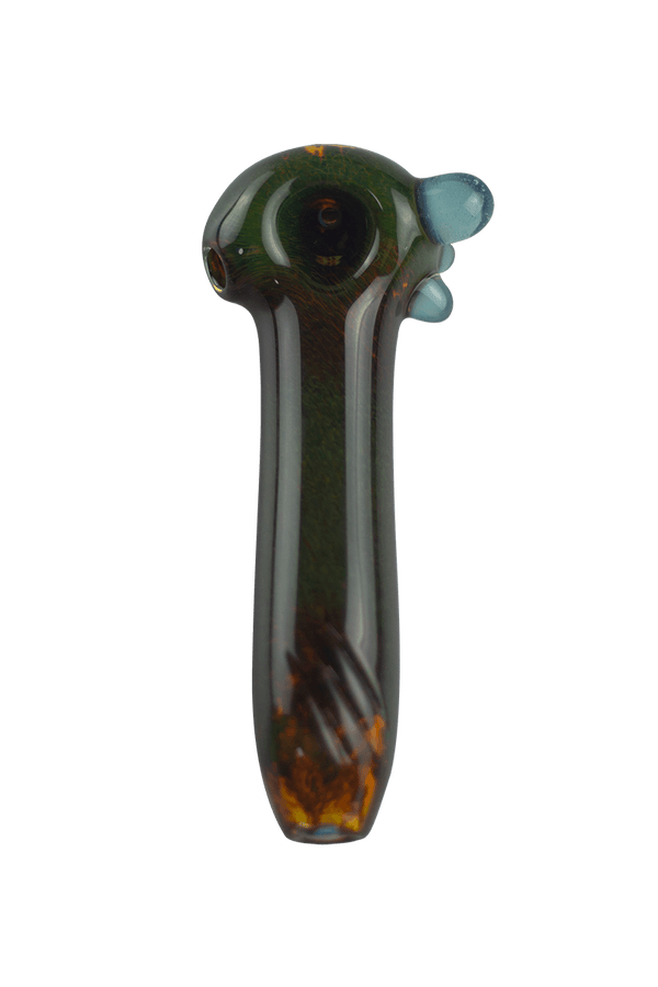 This is a heady spoon pipe from Hornsilver Glass available at Ritual Colorado. Featuring vibrant glass colors, three carved notches on the body and accent colors on the bowl these are incredible hand blown artwork at a great price.