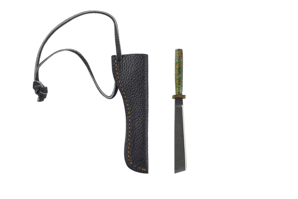 This is the Earth Watercolor 1 Straight Katana dab tool from Dabmascus available at Ritual Colorado. It features a beautiful handle and hilt with a blade from high-quality Damascus Steel.