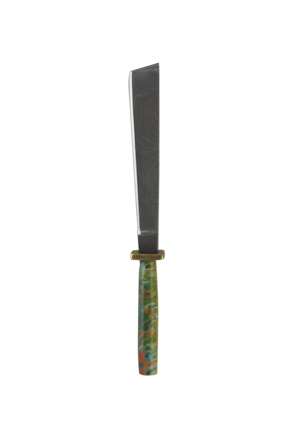 This is the Earth Watercolor 1 Straight Katana dab tool from Dabmascus available at Ritual Colorado. It features a beautiful handle and hilt with a blade from high-quality Damascus Steel.