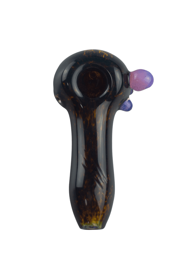 This is a heady spoon pipe from Hornsilver Glass available at Ritual Colorado. Featuring vibrant glass colors, three carved notches on the body and accent colors on the bowl these are incredible hand blown artwork at a great price.