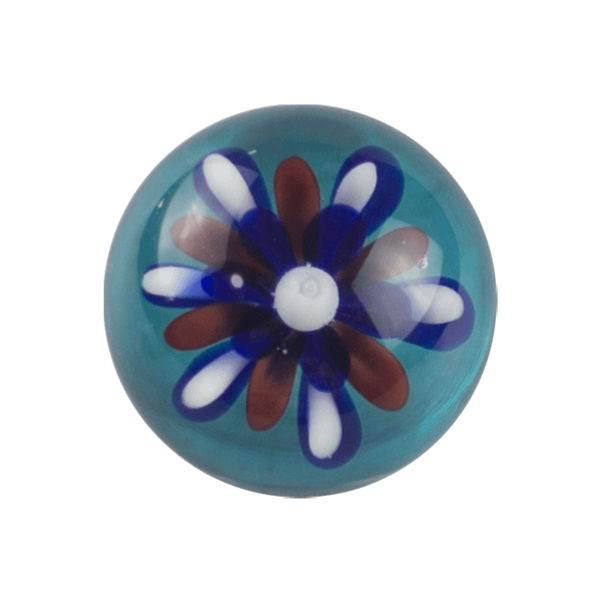 This is the Fireworks Marble by Biting Glass available at Handmade Glass Co. A fun red, white & blue handmade borosilicate glass marble backed by sparkly blue.