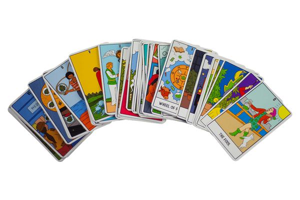This is the Tarojuana Deck from Tarojuana available at Ritual Colorado. Each pack includes a 78-Card cannabis friendly tarot deck with a guidebook and corduroy stash bag as well as a Tarojuana matchbook.