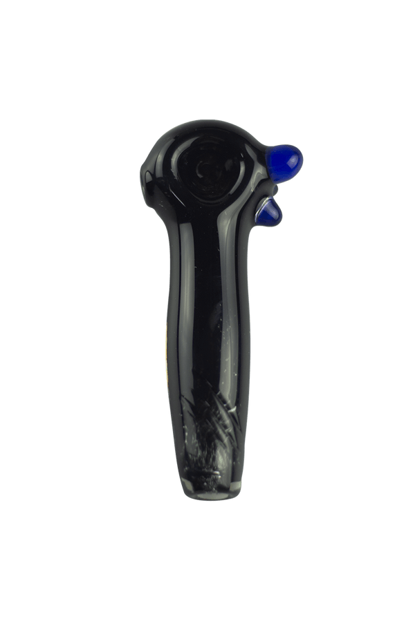This is a heady spoon pipe from Hornsilver Glass available at Ritual Colorado. Featuring vibrant glass colors, three carved notches on the body and accent colors on the bowl these are incredible hand blown artwork at a great price.