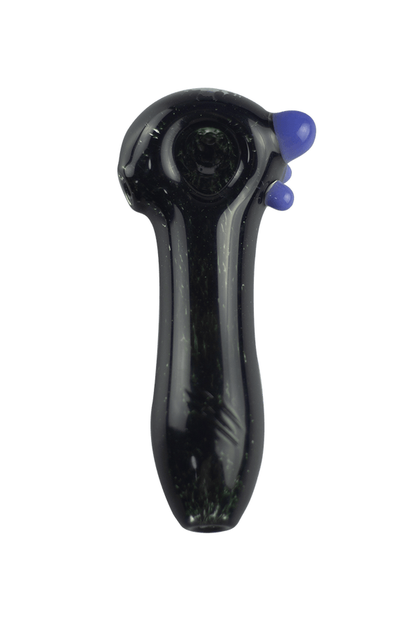 This is a heady spoon pipe from Hornsilver Glass available at Ritual Colorado. Featuring vibrant glass colors, three carved notches on the body and accent colors on the bowl these are incredible hand blown artwork at a great price.