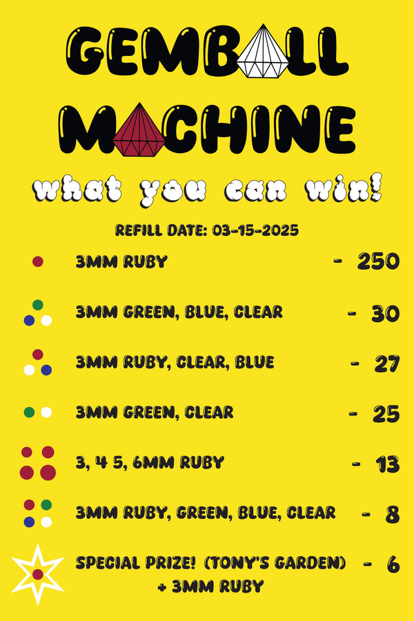 This is a list of all of the prizes loaded into Ritual Colorado's Gemball Machine on March 15, 2025. You can play the Gemball Machine online or in-store for only $2 a spin.
