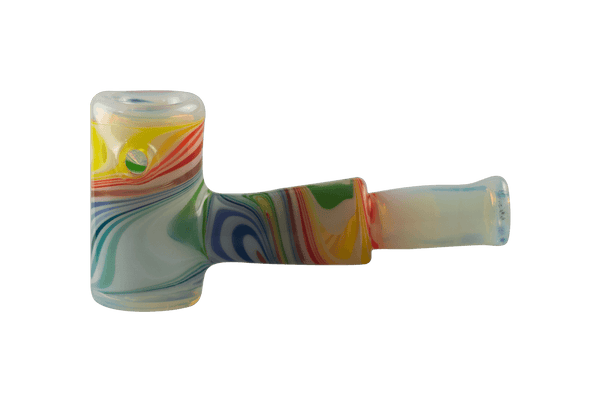 This is the Ghost Rainbow Hammer Pipe by Technicolor Tony's available at Ritual Colorado. Featuring an intricate swirling rainbow pattern accented by ghost mouthpiece and bowl for a fun and stylish hand pipe.