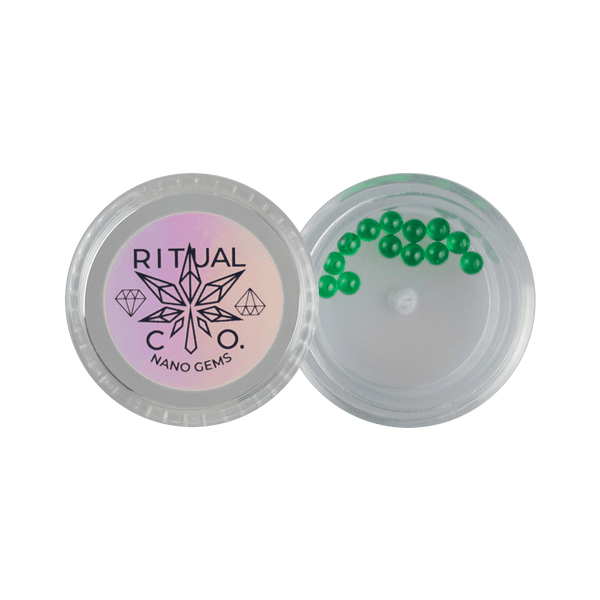 These are Green 3mm Nano Gem Terp Pearls from Ritual Co. available at Ritual Colorado. Beautiful AAA-Quality lab grown gemstones that provide a refined upgrade to your dab experience.