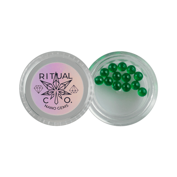 These are Green 4mm Nano Gem Terp Pearls from Ritual Co. available at Ritual Colorado. Beautiful AAA-Quality lab grown gemstones that provide a refined upgrade to your dab experience.