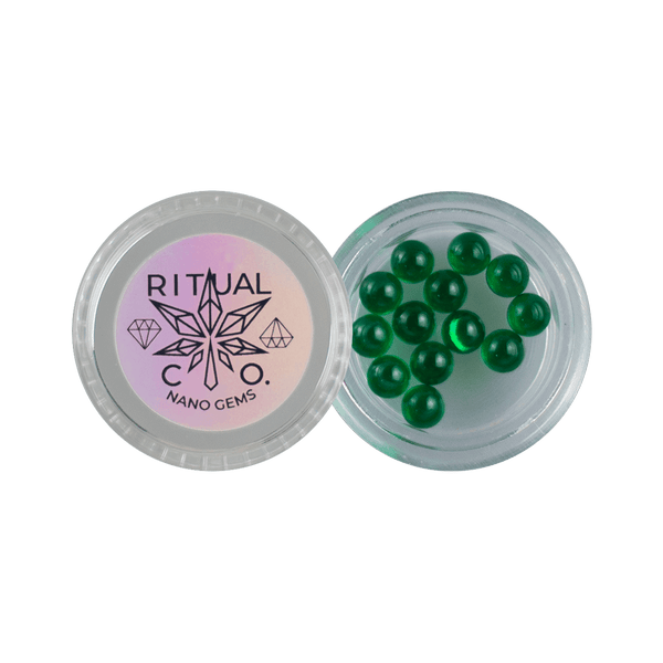 These are Green 5mm Nano Gem Terp Pearls from Ritual Co. available at Ritual Colorado. Beautiful AAA-Quality lab grown gemstones that provide a refined upgrade to your dab experience.