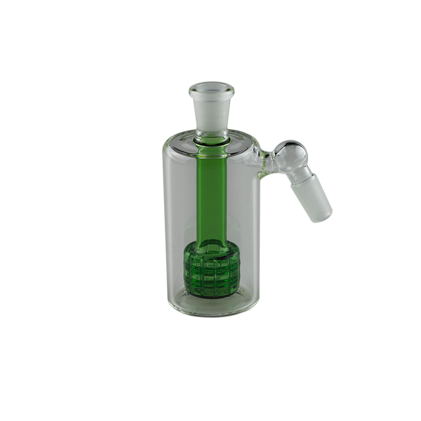 This is the Cash Catcher Ash Catcher from Ritual Glass available at Ritual Colorado. It features a male and female connection (14mm or 19mm) as well as a showerhead perc for filtration. Use with water as a bubbler or as a dry herb catcher to keep your glass clean.
