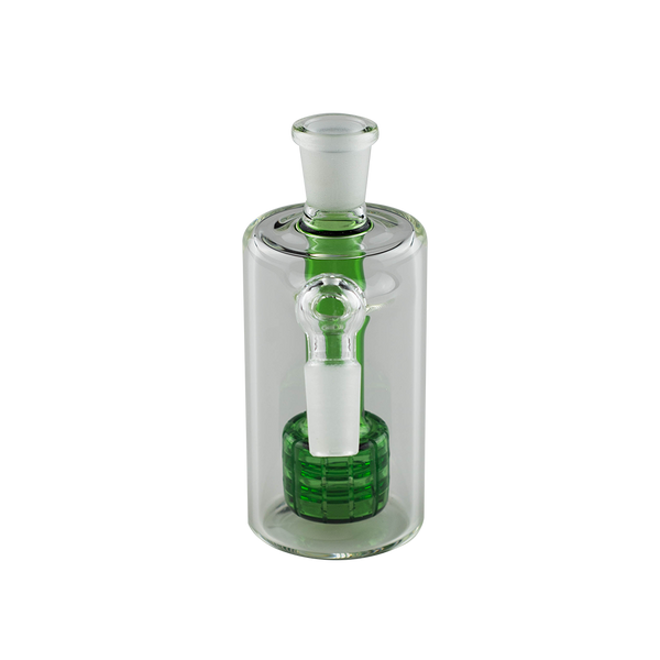 This is the Cash Catcher Ash Catcher from Ritual Glass available at Ritual Colorado. It features a male and female connection (14mm or 19mm) as well as a showerhead perc for filtration. Use with water as a bubbler or as a dry herb catcher to keep your glass clean.