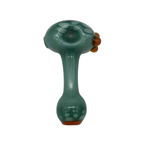 This is the Green Implosion Spoon Pipe by Technicolor Tony available at Ritual Colorado. A classic spoon pipe accented by a vibrant pink dot implosion on the end of the bowl and transparent orange accents.