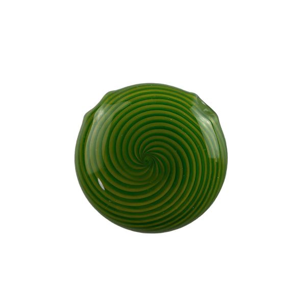 This is the Green Spiral Disc Pendant by Technicolor Tony available at Ritual Colorado. A vibrant glass jewelry piece featuring intricate patterns and vibrant glass colors.