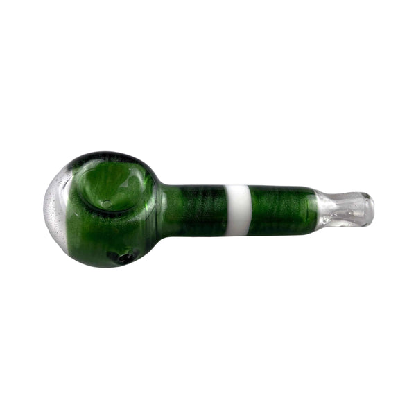 This is the Green Colorful Stripe Spoon by Biting Glass available at Ritual Colorado. A vibrant handmade glass pipe made in Denver, CO featuring hidden pink UV light surprises on the bowl and mouthpiece.