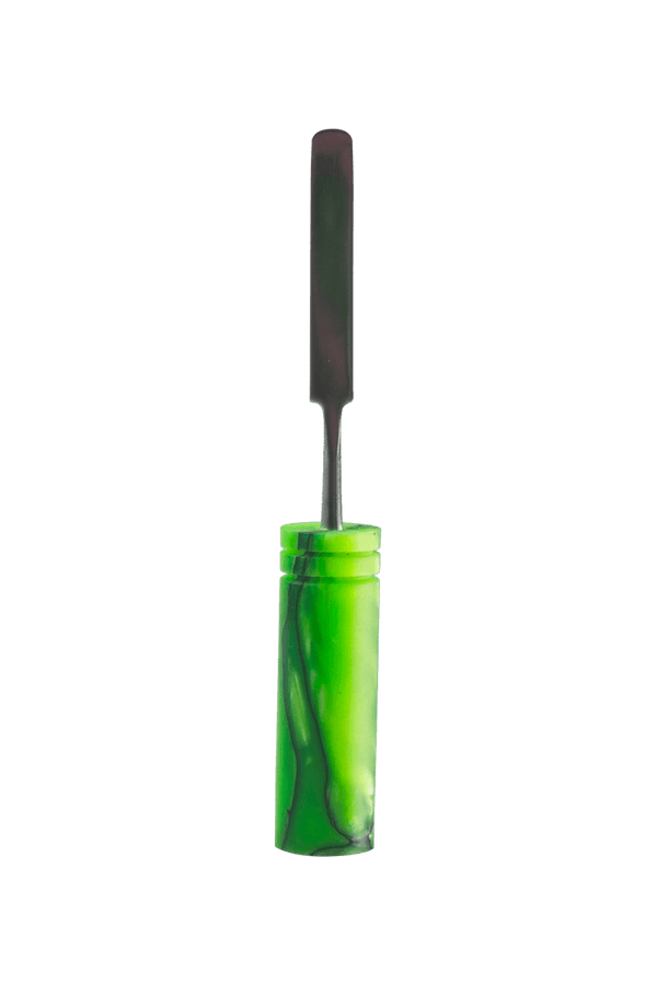 This is the Green Viper dab tool from Hash Handlez available at Ritual Colorado. A high quality dabber featuring a vibrant resin handle and protective hard carrying case.
