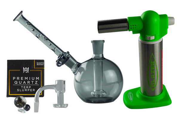 This is the Green Full Beginner Banger + Rig + Torch Dab Bundle available at Ritual Colorado. Featuring a MJ Arsenal Terp Slurper, Blazer Big Buddy Torch and Ritual Glass Baby Elephant for an all-in-one setup.