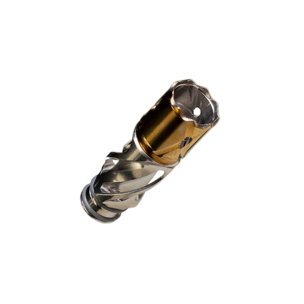 This is the Helix Titanium Tip from Dynavap available at Ritual Colorado. It features a triple helix design which greatly reduces heat transferred to the stem. The golden titanium features a special treatment making it extra durable. Compatible with all Dynavap devices the Helix Titanium Tip is a great innovation on their classic design.