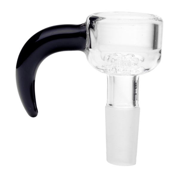 This is the Horn Flower Bowl by Human Grade available at Ritual Colorado. Featuring a curved horn handle and 6-hole glass screen this is a convenient herb bowl available in 10mm & 14mm.