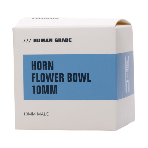 This is the Horn Flower Bowl by Human Grade available at Ritual Colorado. Featuring a curved horn handle and 6-hole glass screen this is a convenient herb bowl available in 10mm & 14mm.