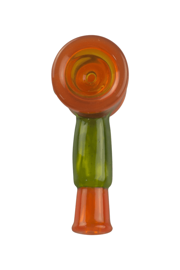 This is the Orange & Green Pipe by Technicolor Tony available at Ritual Colorado. A sleek handblown glass pipe featuring vibrant transparent green and orange glass.